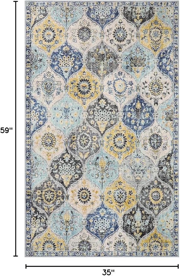 Lahome Moroccan Trellis Washable Small Area Rug, 3x5 Area Rug for Bedroom Living Room, Non-Slip Oriental Throw Carpet for Kitchen Office Entryway Bathroom Office Elise, Yellow/Aqua