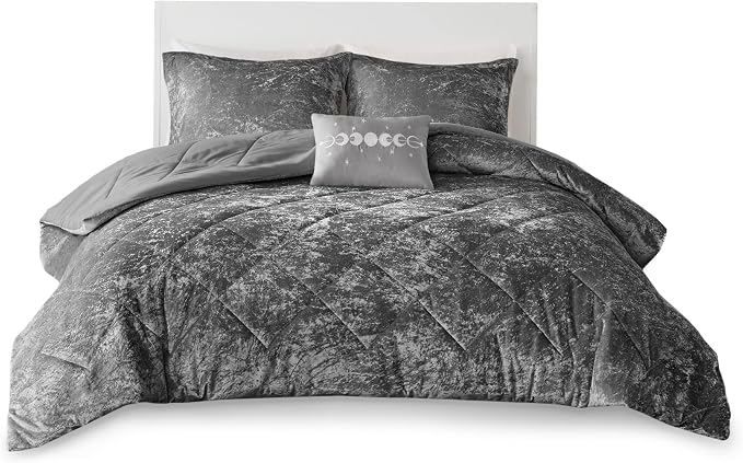 Intelligent Design Queen Duvet Cover Set, Velvet Queen Duvet Set, Luxury Diamond Quilting Grey Duvet Cover, Fluffy Duvet Cover with Decorative Pillow and 2 Shams, 4 Pieces, Grey, Full/Queen