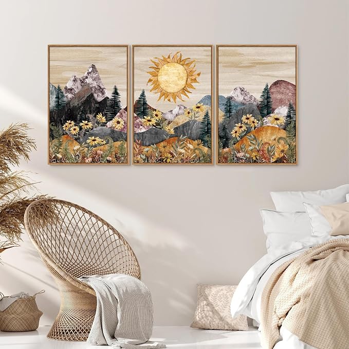 Rantodecor Boho Mountain Framed Canvas Wall Art, Western Daisy Floral Landscape Wall Decor, Rustic Fern Flowers Art Painting, Modern Fantasy Nature Sun Artwork for Bedroom Living Room Office 24"x36"x3
