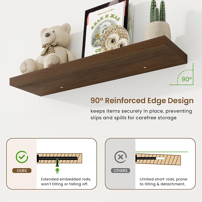 36in Floating Shelves for Wall, 36"W x 9.25"D x 1.25"H, 2 Pack Long Wall Mounted Engineered Wood Shelves with Invisible Brackets for Living Room, Bedroom, Bathroom, Kitchen Decor and Storage, Walnut