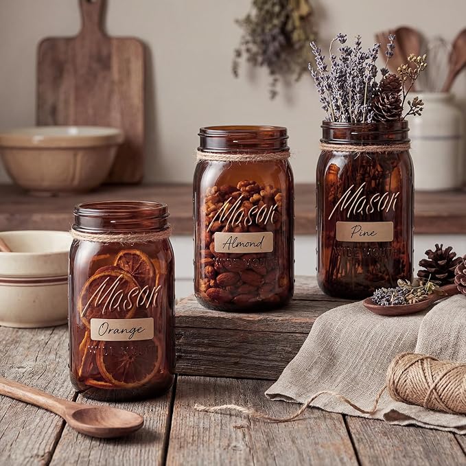 Rubtlamp Amber Mason jar 32 oz, 12 Pack Glass Jars - Wide Mouth Mason Jars with Airtight Lids for Pickling, Fermenting, Food Storage&DIY Crafts, Microwave & Dishwasher Safe
