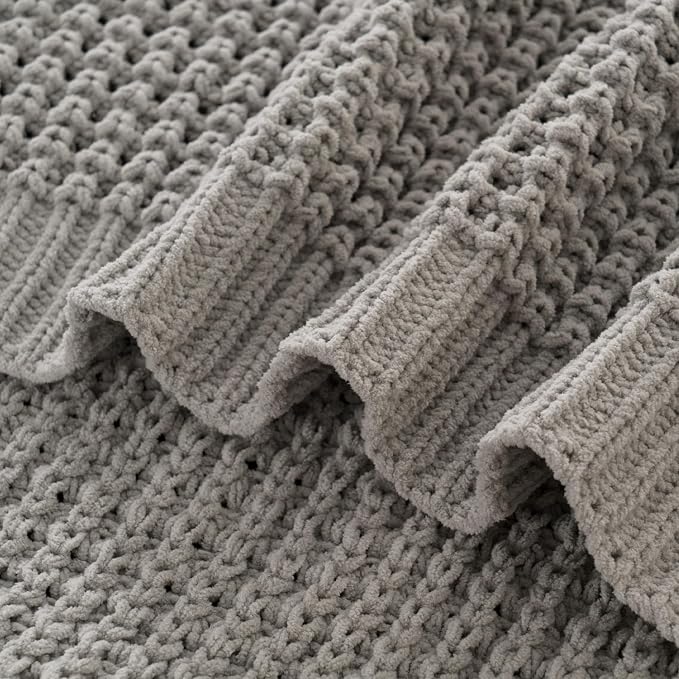 Bunnikins & Clover Light Grey Throw Blanket for Couch, Soft Knitted Chenille Throw Blanket for Sofa, Chair, Living Room, Cozy Gray Throw Blankets for Bed, 50"x60"