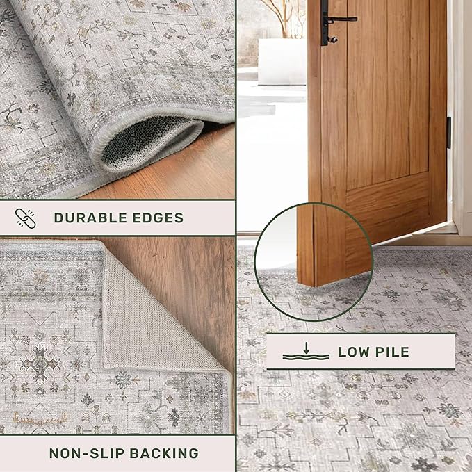 Hazo Haus Light Gray Washable 2'6"x10' Wide Hallway Runners, Kitchen Runner Rug, Non-Slip & Stain Resistant 10ft Long Floor Rug, Neutral Boho Floral Décor