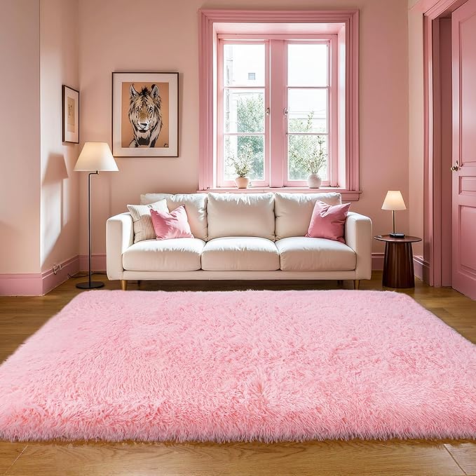 KICHOWUA Thick Area Rug 4x6 Pink Fluffy Shag – Ultra Soft Thickened Plush Washable Carpet, Non-Slip Fuzzy Shaggy Rug for Girls Bedroom, Kids’ Room, Nursery, Baby, Dorm, Living Room Cozy Décor