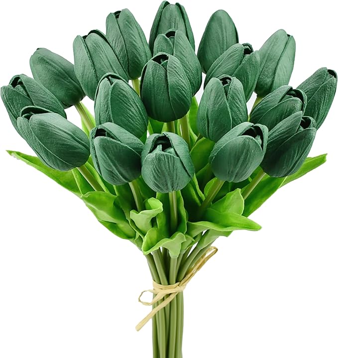 Mandy's Dark Green Artificial Tulips Flowers Centerpiece, 13.5" Lifelike PU Fake Floral Stems 20pcs for Kitchen Island & Dining Table, Spring Decor for Easter