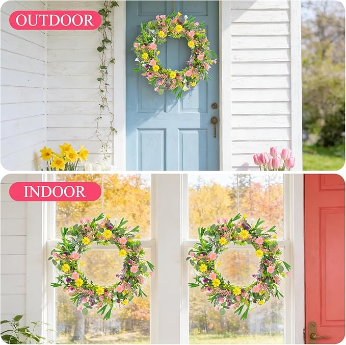 2Pcs 20 Inch Artificial Spring Wreath Handmade Wildflower Daisy Lavender Wreath Colorful Spring Wreath for Front Door Home Wall Porch Farmhouse