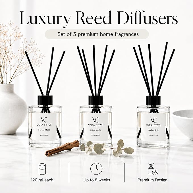 Reed Diffuser Set 3 Pack Premium Reed Diffusers Amber, Cedar & Moss Scents Long Lasting Home Fragrance Gift Set for Bathroom, Office & Home