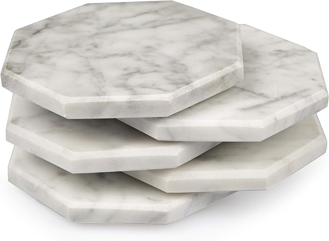 White Carrara Marble Coasters (Set of 5)- Durable, Thick Coasters w Coaster Holder for Easy Storage - Protects Any Table Type & Fits Any Mug, Drinking Glass, Barware -Great Wedding