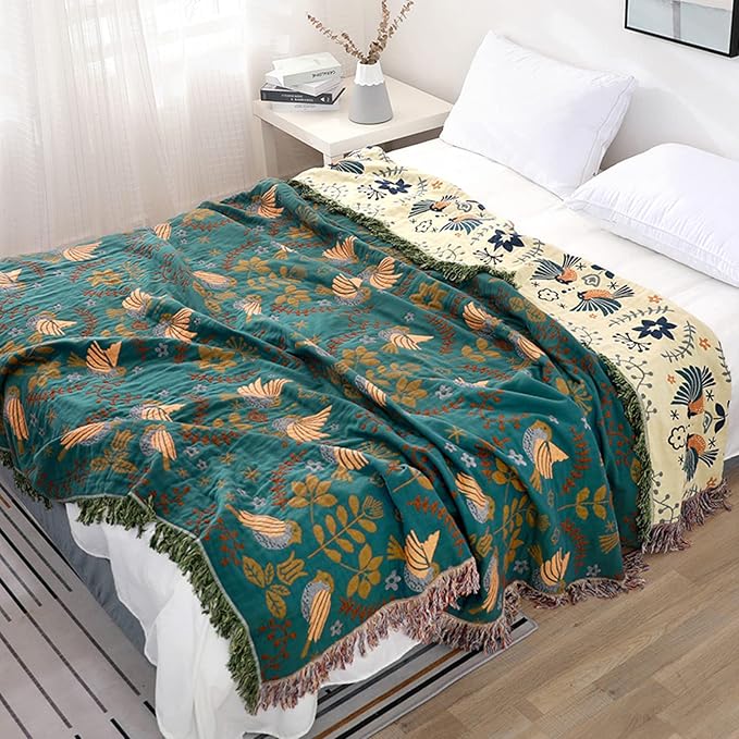 Versatile Cotton Summer Throw Blanket,80"x90" Soft Breathable Boho Quilt,4-Layer Gauze Woven Muslin Blanket,Perfect for Beds,Couches,Chairs,Vintage Decor,Unique Bird & Flower Pattern