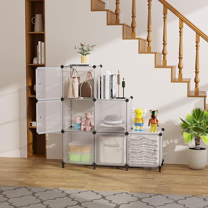 Cube Storage Organizer, 6-Cube Shelves Unit with Doors, DIY Stackable Plastic Clothes Organizer for Bedroom and Under Stairs Storage Unit, Each Compartment 30 x 30 x 30 cm Striped White
