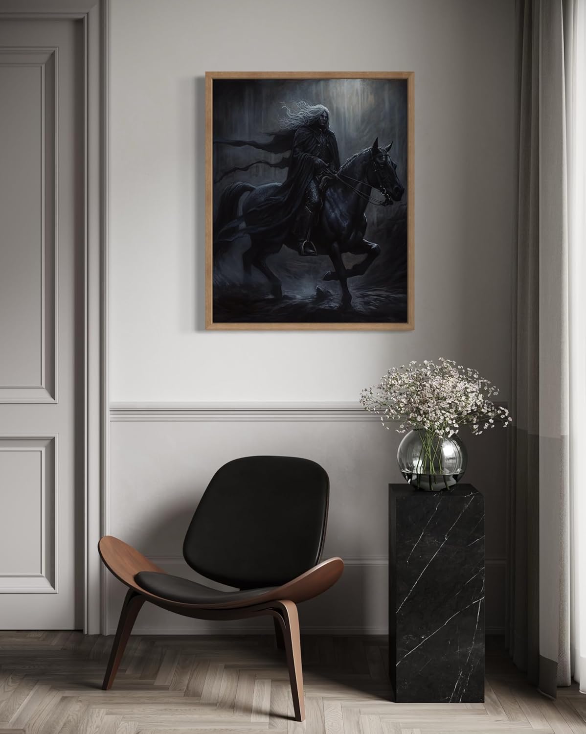 Black Dark Knight Poster Art Print, Halloween Scary Vintage Wall Art Academia Spooky Painting Decoration for Horror Prints, Gothic Posters Bedroom Decor 89 (Black Dark Knight, 8 x 10 inches, Wood Frame)