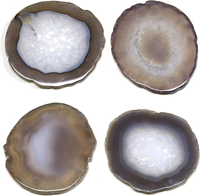 Natural Agate Coasters for Drinks Set of 4 | Natural Stone Coasters 3.5-4", Decorative Gemstone Coasters for Coffee Table, Bar or Desk, Housewarming Gift for Friends