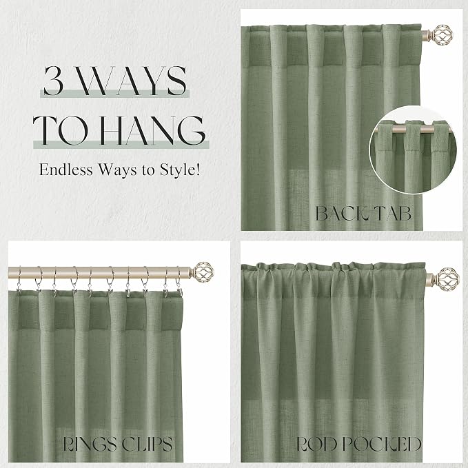 Jowels Light Sage Green Linen Curtains 84 Inch 2 Panels for Living Room | Light Filtering Semi Sheer Curtain, Back Tab Pocket Pleated Look, Boho Farmhouse Textured Privacy Drapes for Bedroom Window