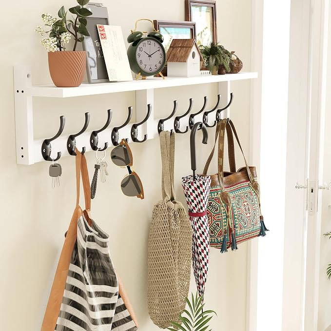 AMBIRD 34.2" L Wooden Wall Coat Hooks with Shelf - Versatile and Decorative Wall-Mounted Storage - 10 Hooks for Hanging Coats, Hats, Keys, Bags, Scarves - Ideal for Entryways, Bedrooms, Closets(White)
