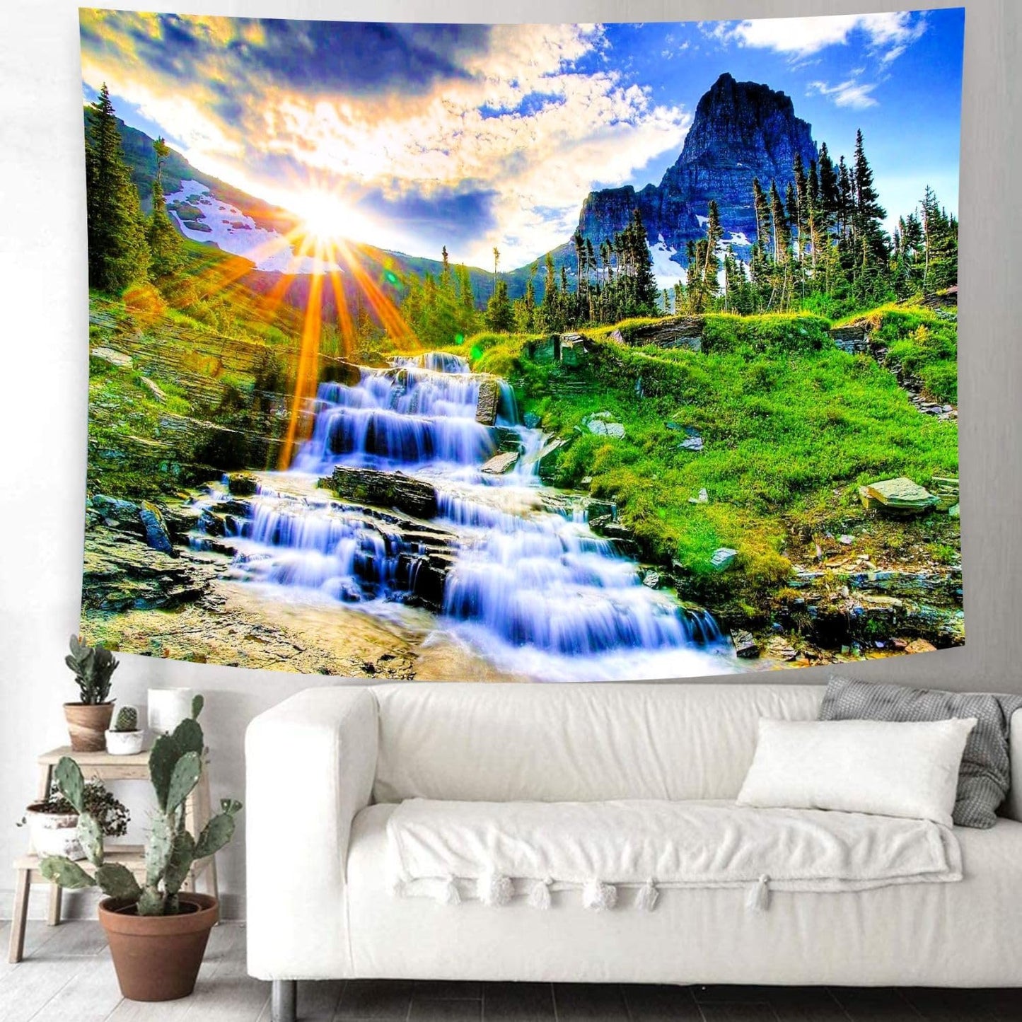 Delur Mountain Waterfall Tapestry Sunset Forest Tree Nature Landscape Tapestry Wall Hanging Tropical Sunrise Rainforest Psychedelic Scenic Headboard for Bedroom Living Room Home Decor (51.2" x 59.1")