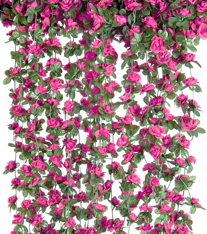 PONKING 6 Pcs x 8.2 ft Flower Garland Artificial Rose Vine Flowers with Green Leaves Hanging Fake Roses Vine for Room Party Home Wedding Birthday Christmas Wall Arch Decor, Spring Magenta Flower