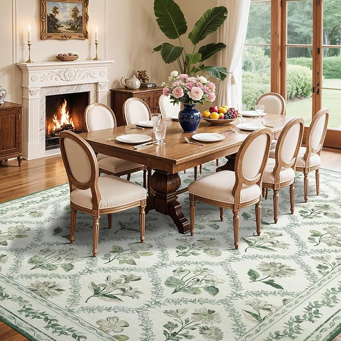 LIANLAM Checkered Rug 9x12 Area Rugs for Living Room - Stain Resistant & Non-Slip Backing Vintage Boho Floral Design Rug for Bedroom,Durable & Ultra-Thin Large Washable Area Rug(9x12,Green)