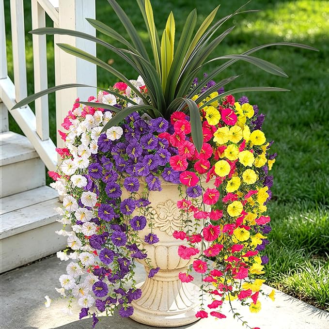 8 Bundles Fake Artificial Morning Glory Flowers for Outdoors, 1 Bundle Faux Greenery Plants UV Resistant Weatherproof for Indoor Outdoor Garden Patio Window Box Home Decor
