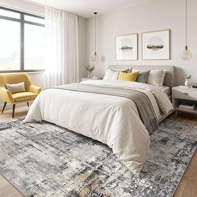 9x12 Area Rug Living Room: Washable Large Abstract Soft Stain Resistant Indoor Floor Rugs Non-Slip Accent Carpet for Bedroom Nursery Playroom Office Dining Room Home House- Gray Beige