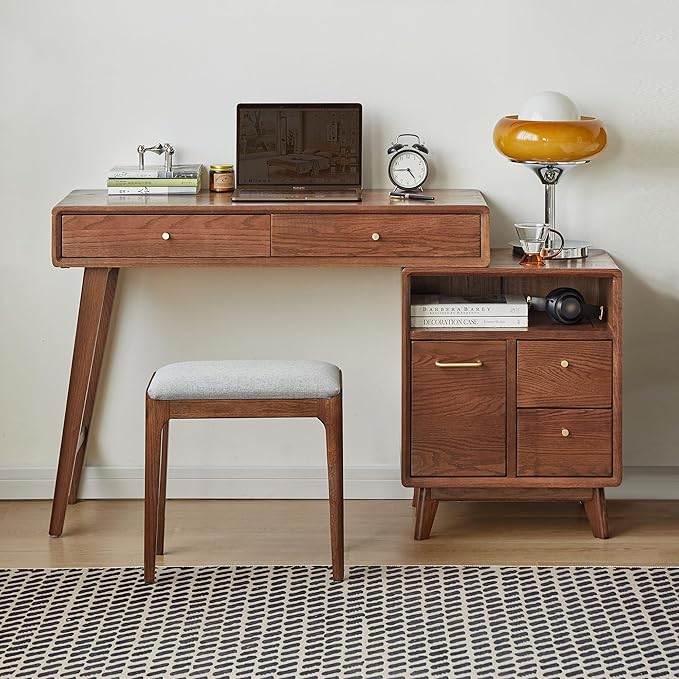 Extendable Vanity Desk with Dresser, 40 to 57 Inch Oak Makeup Table, Storage Writing Desk for Bedroom, Vanity Set for Girls and Women, No Chair