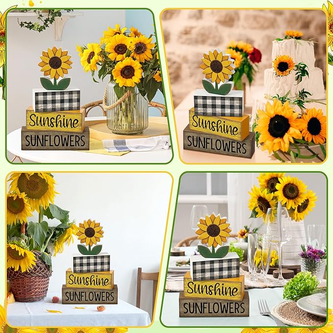 Yuntau 4 Pcs Sunflower Decorations Sunflower Wooden Sign Sunshine Table Centerpiece Summer Tiered Tray Decor Decorative Faux Book Stack Block for Coffee Table Fireplace Mantel Floating Shelf