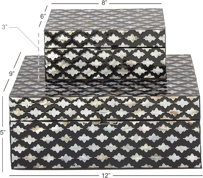 Deco 79 Mother of Pearl Shell Decorative Box Decorative Keepsake Boxes with Hinged Lid, Set of 2 Storage Boxes 12", 8"W, Black