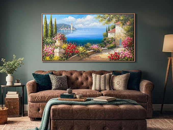 Arjun Large Wood Framed Landscape Wall Art Canvas Living Room Hand Painted, Mediterranean Seascape Painting Bedroom Flower Blue Ocean Picture Artwork Home Office Wall Decor, 48"x24"