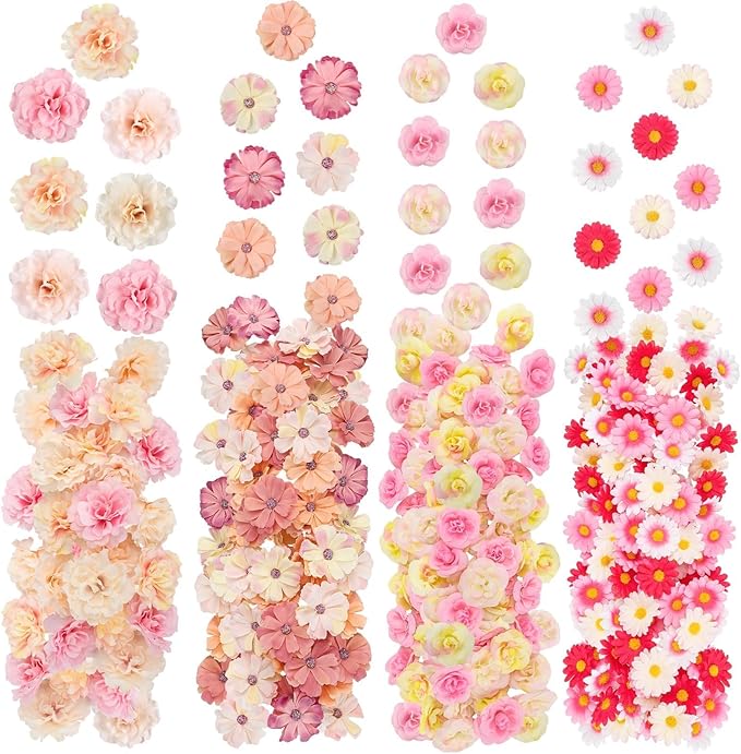 ATTGREAT 310 Pcs Fake Flower Heads Mini Artificial Flower Bulk Silk Flowers for Decoration Small Faux Flower Heads Fabric Daisy Buds Floral for Crafts DIY Wedding Party Baby Shower Home Decor, Pink