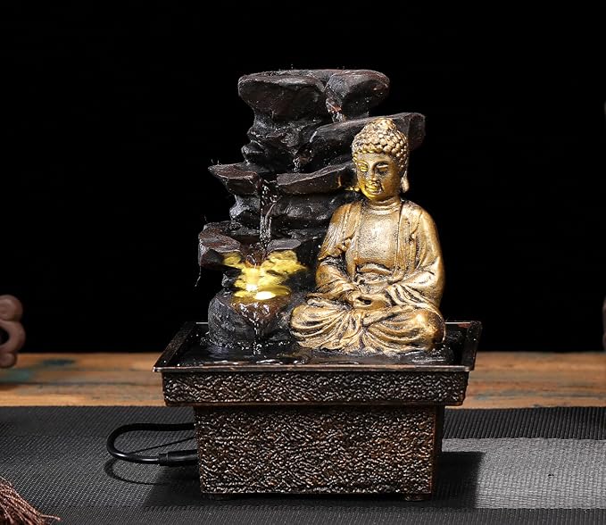 Tabletop Water Fountain Buddha Statue Desktop Indoor Waterfall Fountain Tabletop Humidifiers Home Decoration for Office, Living Room, or Bedroom