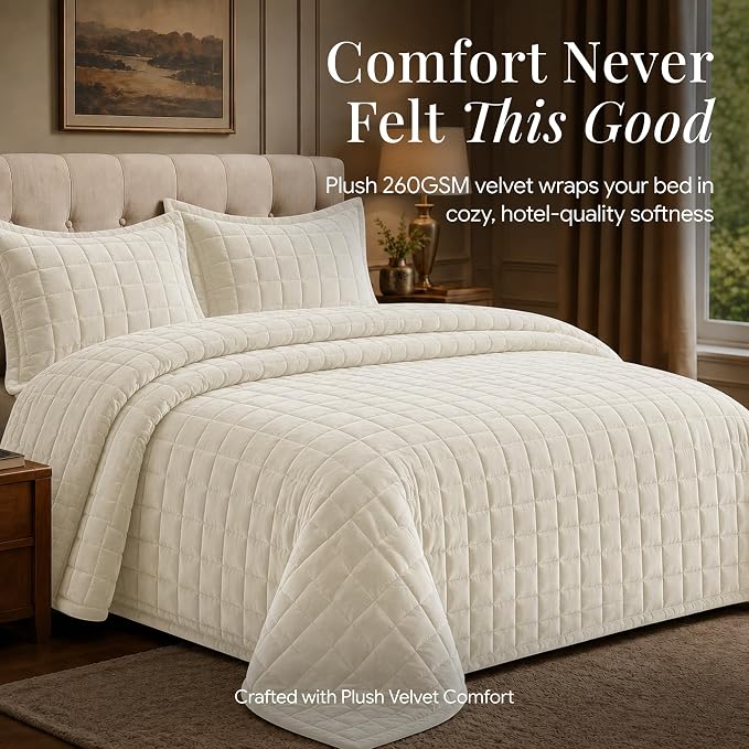 Tribeca Living Luxury Velvet Quilt Queen Size Set - 260GSM Ultra-Soft Oversized Velvet Bedspread Comforter Set with 2 Shams, in Florence Ivory