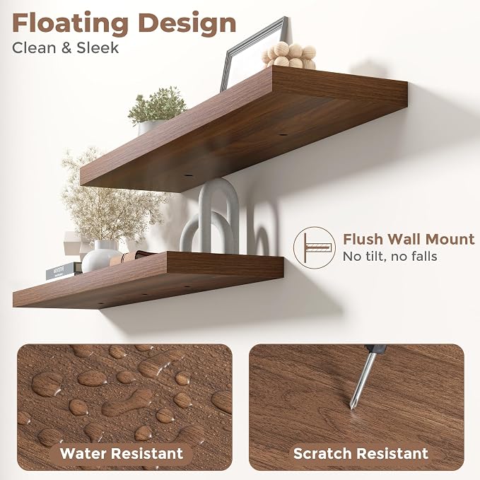 36 Inch Floating Shelves for Wall with Invisible Brackets Set of 2, 8"D Engineered Wood Wall Shelves with Wood Grain for Living Room, Bedroom, Bathroom, Kitchen Decor and Storage, Walnut Finish
