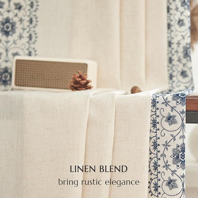 jinchan Weslie Boho Curtains for Bedroom Blue Vintage Floral Farmhouse Curtains 63 Inch Length Linen Drapes for Living Room Embroidered Light Filtering Drapes Rod Pocket Blue on Beige 2 Panels