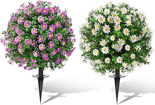 FAJUNZH Artificial Topiary Bushes for Outdoors with Spike, Boxwood Ball Fake Shrubs UV Resistant Faux Plants for Indoor Outdoor Fall Thanksgiving Halloween Decor (Sunflower Boxwood Colorful -2 Packs)