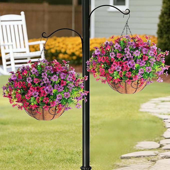 HyeFlora 2 Set Artificial Outdoor Flowers Hanging Basket, Faux Hanging Plants for Outside Spring Decoration, Fake Silk UV Resistant Look Real Daisy for Porch Patio Home Decor