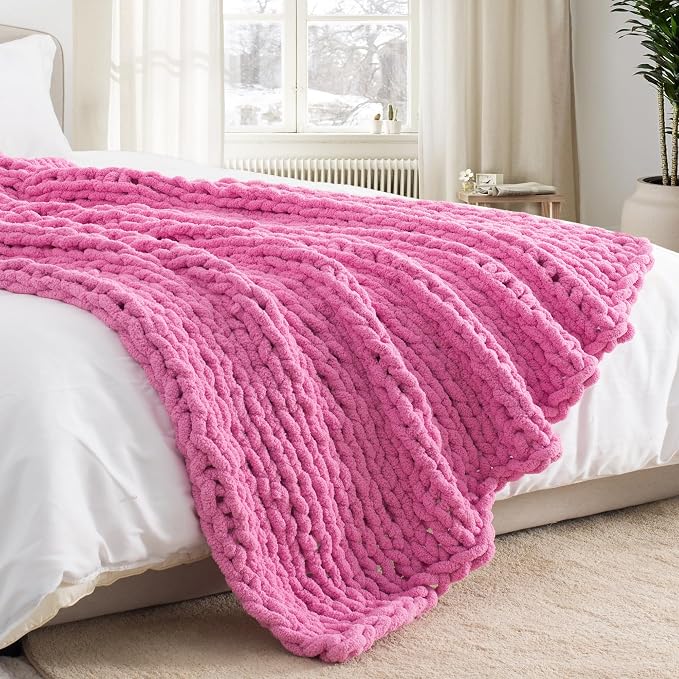 Chunky Knit Throw Blanket 50x60, 100% Handmade Chenille Yarn | 4.4lbs Soft Thick Cable Knitted Blankets, Large Rope Knot Crochet Throws for Couch Sofa Bed Machine Washable, Hot Pink