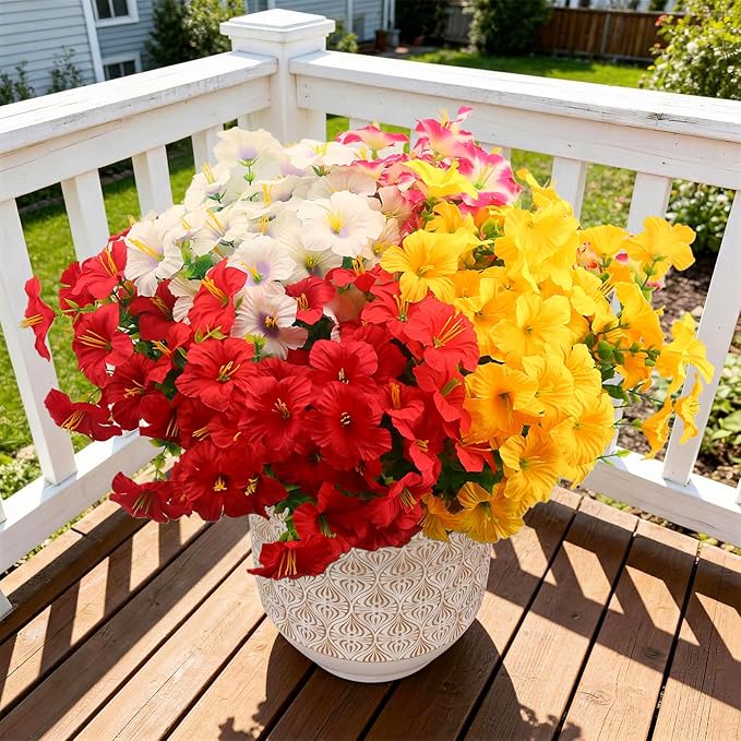Artificial Flowers for Outdoors Fake Plants Outside, 16 Bundles Silk Morning Glory with Eucalyptus, UV Resistant Realistic Faux Flowers for Planters Porch Patio Garden Balcony Decor (4 Color)