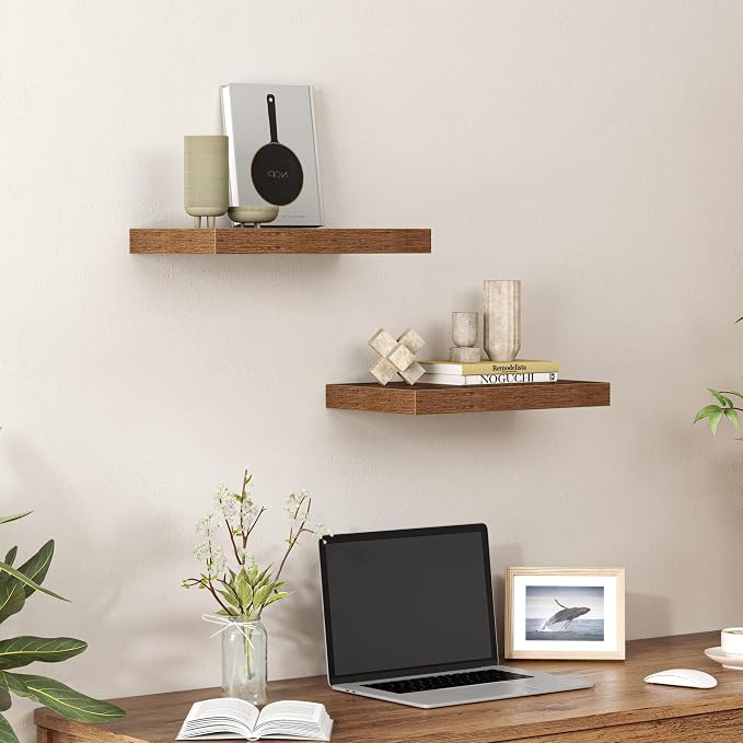 Heimlove 16 inchs Floating Shelves for Wall Set of 2,Shelf for Small Bathroom,Bedroom,Living Room,Kitchen,Modern Home Decor,Rustic Farmhouse Wall Shelves with Invisible Brackets,Rustic Brown