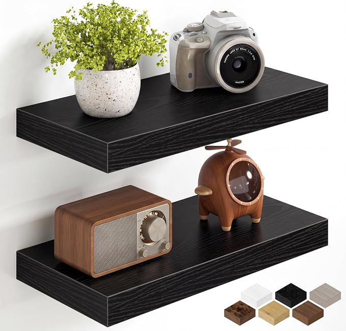 Fun Memories 16Inch Floating Shelves for Wall, 8 Inch Deep Shelves for Bathroom|Bedroom|Kitchen Wall Mounted, Wood Hanging Shelf with Invisible Brackets for Home Storage Decor, Black - 2 Pack