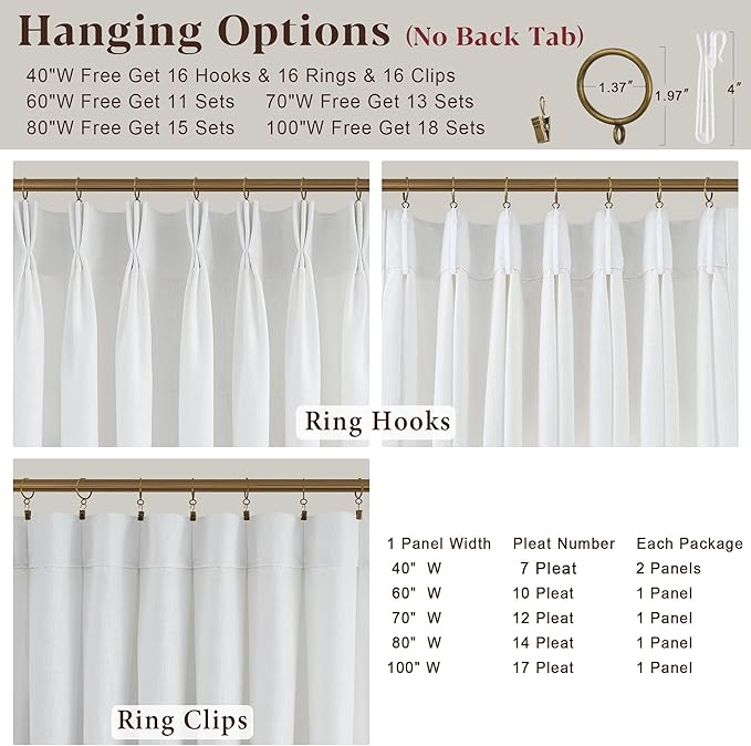 White Pinch Pleated Linen Curtains 96 Inch 2 Panels for Living Room Bedroom Pinch Pleat Curtain & Drapes Ivory Beige Semi Sheer Light Filtering Privacy Curtains 96 Inch Length for Sliding Glass Door