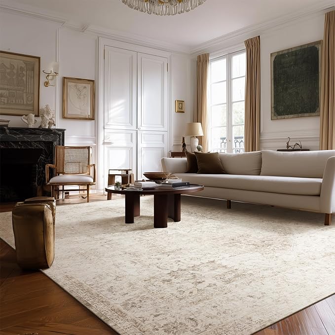Machine Washable Rugs for Living Room: 8x10 Area Rugs for Bedroom Ultra Soft Non-Slip Low Pile Vintage Distress Boho Large Carpet for High-Traffic Dining Room - Farmhouse Decor