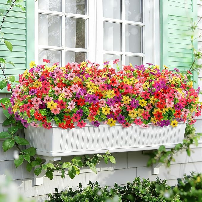 SHareconn 24 Bundles Artificial Flowers for Outdoors Spring Decoration, Fake Silk Realistic Faux Plants UV Resistant for Outside Planter Porch Patio Indoor Decor, RedRosePurpleYellowPink