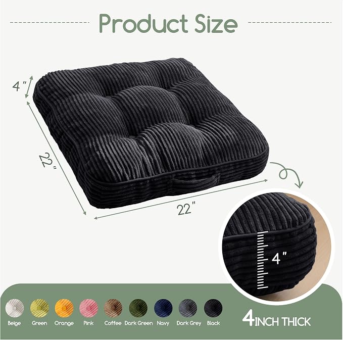 HIGOGOGO Floor Pillow Cushion for Adults, Meditation Cushion Pillow, Large Square Floor Sitting, Tufted Corduroy Cover, for Tatami Living Room or Yoga, 22x22 Inch, Black