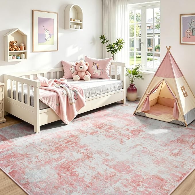 Rugflix 5x7 Area Rugs for Nursery Girls Room, Washable Large Rug Stain-Resistant Low Pile, Modern Non Slip Carpet for Kids Bedroom Living Room Home Office, Pink/White