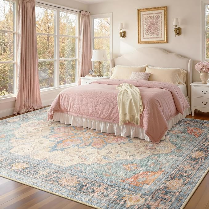 RELEANY Area Rugs 8'x10' Washable Non-Slip, Floral Vintage Distress Medallion Carpet for Living Room Bedroom Dining Room, Blue Orange Red