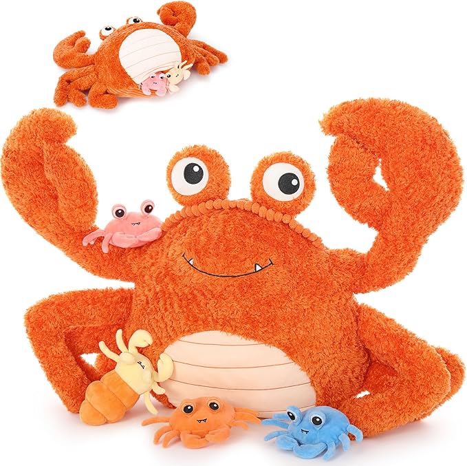 MorisMos 5 Pcs Crab Plush Stuffed Animal, 32inch Large Mommy Crab with 4 Babies, Crabs Stuffed Plushies Gift for Girls Boys Kids
