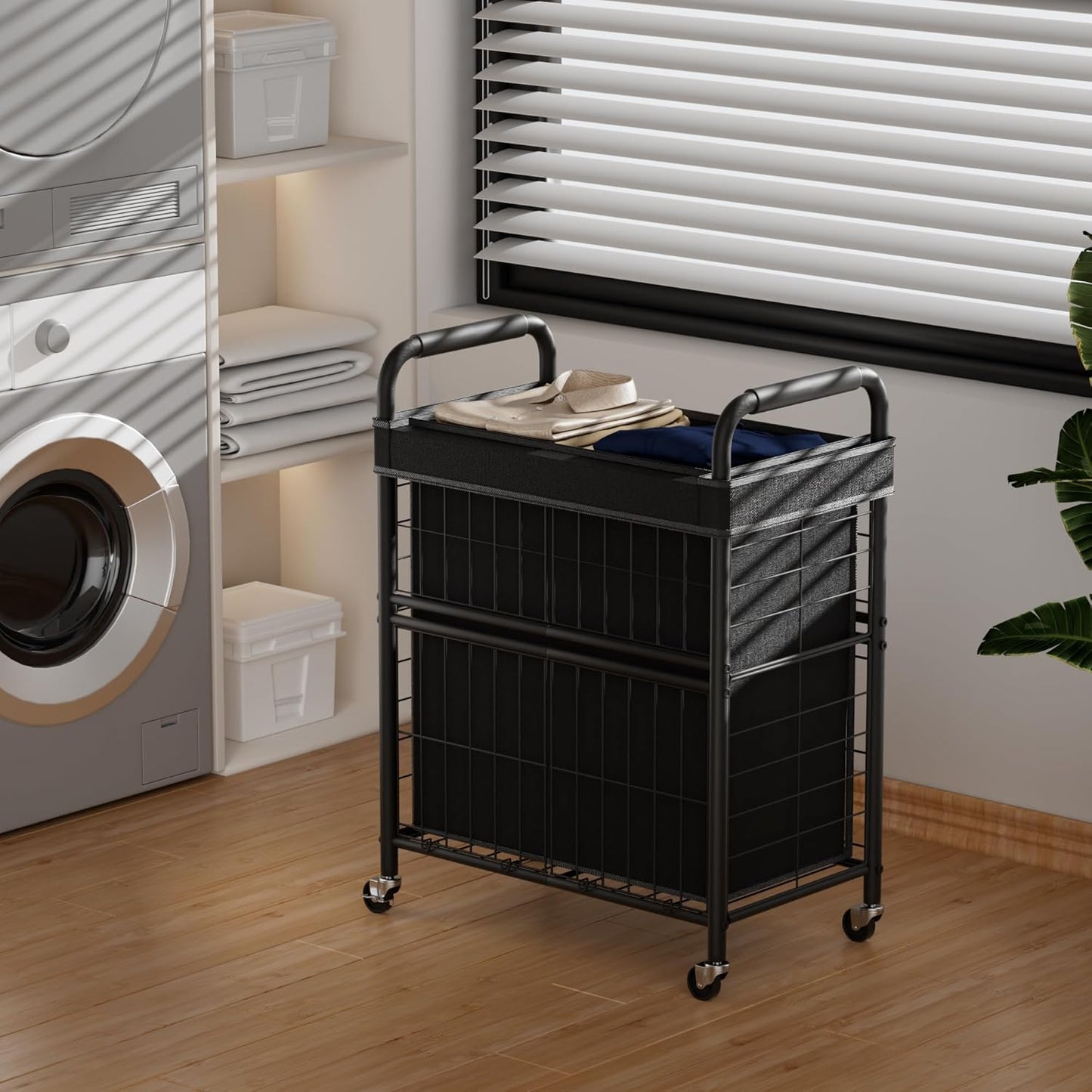 Laundry Hamper 2 Section, 110L Rolling Laundry Sorter Basket with Wheels, 2 Compartment Clothes Organizer Cart, Pull-Out Removable Bags for Laundry Room, Bathroom, Bedroom, Black