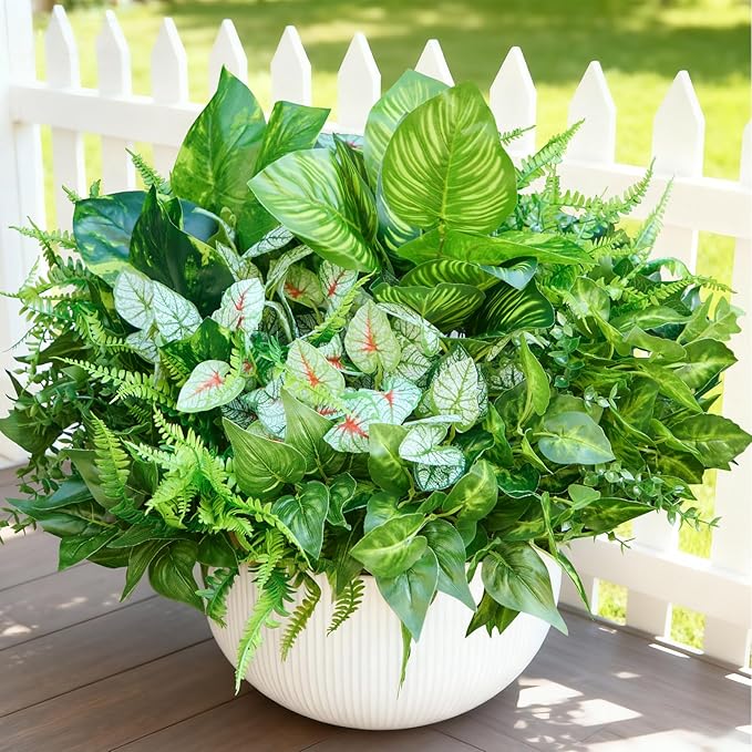 12 Bundles Artificial Plants Outdoor,UV Resistant Fake Greenery Stems with Large Shrubs Faux Plastic Plant for Outside Front Porch Planters Garden Window Box Patio Decor(Pot Not Included)