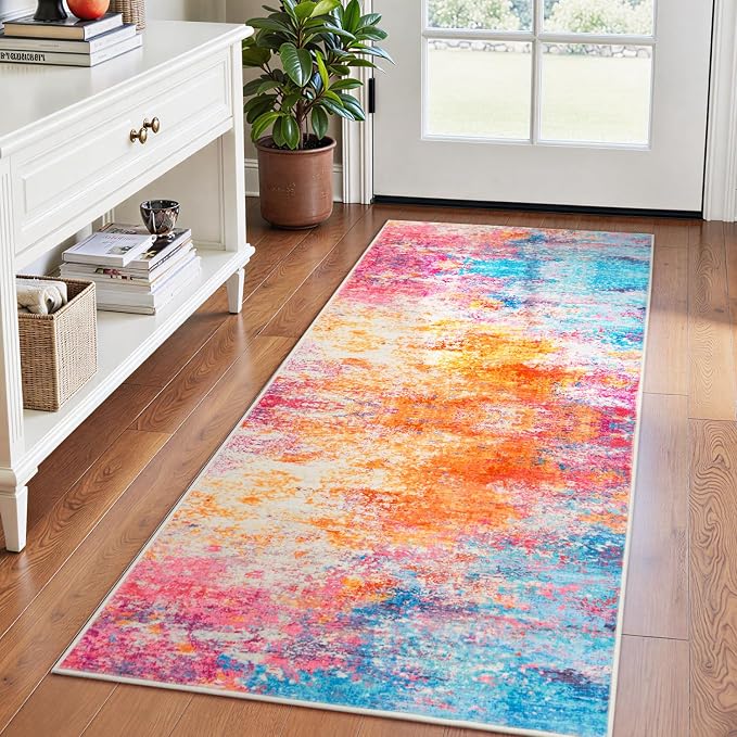Rugflix 2x8 Runner Rug for Entryway, Kitchen Rugs Soft Non-Slip Washable Runners for Hallway, Abstract Small Carpet with Non-Slip Backing for Bedroom, Living Room, Rainbow