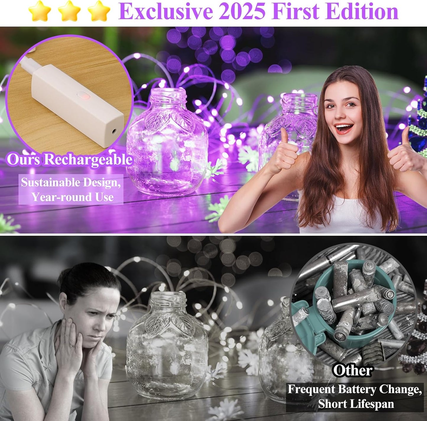 Lakumu Rechargeable Fairy Lights Battery Operated, String Lights with Timer, Mini LED Twinkle Lights for Bedroom, Christmas Decorations, Wedding, Vine, Centerpiece Table Decor (5M/16FT Purple)