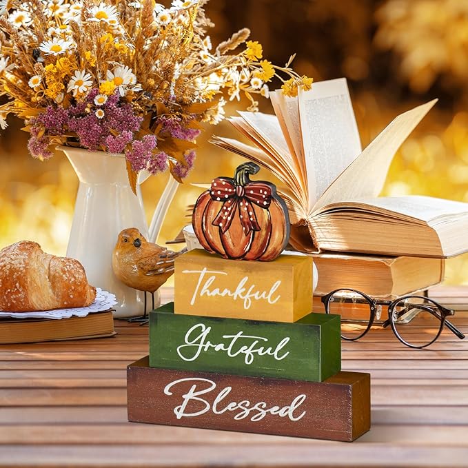 Smile Thanksgiving Fall Decor Indoor Wooden Block Signs, Pumpkin Decor Thankful Grateful Blessed for Rustic Farmhouse Home,Thanksgiving Table Tiered Tray Kitchen Harvest Decorations